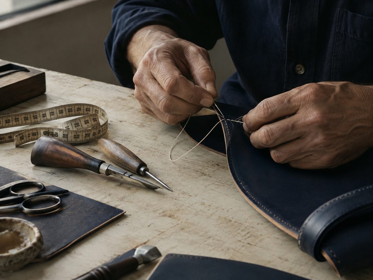 A craftsman's hands stitching a bespoke leather piece by hand